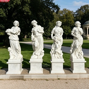 YOUFINE Ensemble de 4 sculptures de déesses des quatre saisons en marbre blanc grandeur nature, sculptées à <span class=keywords><strong>la</strong></span> main, statues de femmes aux motifs floraux et fruitiers avec piédestal - Product Image 1
