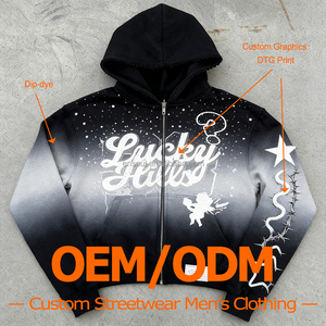 Sudadera con capucha para hombre, de fabricante OEM, con teñido por inmersión, impresión digital DTG, estilo holgado, desgastado, con efecto descolorido por el sol, lavado ácido, corta, de corte cuadrado y con cremallera - Product Image 1
