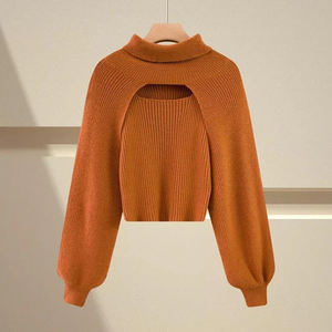 Conjunto de <span class=keywords><strong>Dos</strong></span> Piezas de Suéter de Punto Personalizado con Cuello Alto para Mujer, Diseño Calado, Suéter de Cachemira, Bolero de Punto - Product Image 2