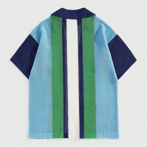 OEM y ODM Logo Hombres Crochet Button Front Striped Casual Vacaciones Manga corta Waffle Knitted Club Fan para Polo Shirt 100% - Product Image 2