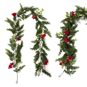 Guirlanda Artificial de Cedro com Toque Real, Folhas Vermelhas de Natal, Planta Verde Artificial para Exteriores - Product Image 1