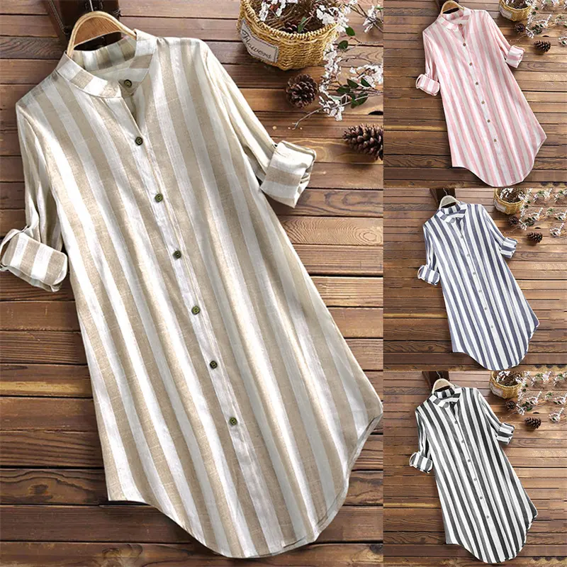 महिलाओं की धारीदार रोल आस्तीन ढीला धारीदार शर्ट ड्रेस बटन नीचे की ओर भट्ठा मध्य लंबाई पोशाक कपास लिनन देवियों शर्ट थोक