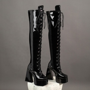Wide Fit US Size 13 Front Lace up Women High Chunky Heel Long <b>Boots</b> Big Leg Size 47 Over-knee Patent Platform <b>Boots</b> Shoes - Product Image 5