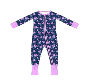 Prix de gros pyjama violet à fleurs avec fermeture éclair combinaison une pièce bébé bambou