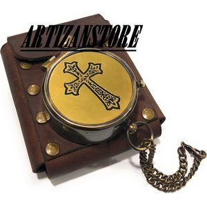 Brass <b>Compass</b> Cross <b>Engraved</b> Portable Hanging Ring Type Pointing Guide Faith Gift with Box - Product Image 4
