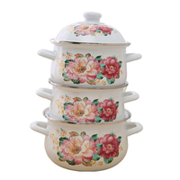 Ensemble de 3 ustensiles de cuisine d'extérieur Cooks Tradition, en métal émaillé durable, avec couvercle décoré de fleurs, pour la cuisson en plein air