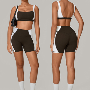 Women's Color Block Backless Sports Yoga Bra and Shorts Set Quick Drying <strong>Exercise</strong> and Fitness Set <strong>Gym</strong> Running Outfit - Product Image 1