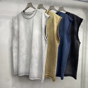 Wholesale Print Street Trendy Retro No Sleeved Distressed Washed Vest Men's Acid Wash Tank Tops Sleeveless Solid T-Shirt