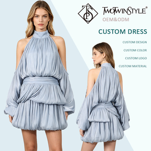Elegante <span class=keywords><strong>Abito</strong></span> Mini Blu <span class=keywords><strong>Plissettato</strong></span> con <span class=keywords><strong>Halter</strong></span>, da Donna, con Spalle Scoperte, Maniche Lunghe a Sbuffo e Orlo a Bolla, per Cocktail, Serate ed Eventi, Vendita all'Ingrosso - Product Image 1