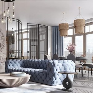 Divano Glam in <span class=keywords><strong>Velluto</strong></span> Contemporaneo, Arredamento Moderno di Lusso, Stile Chesterfield Trapuntato a Tre Posti - Product Image 3