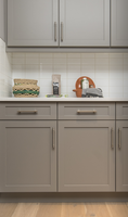 Set Kabinet Dapur Modern Amerika Vermonhouzz Matte Black Shaker dengan Rak Terbuka Kayu dan Backsplash