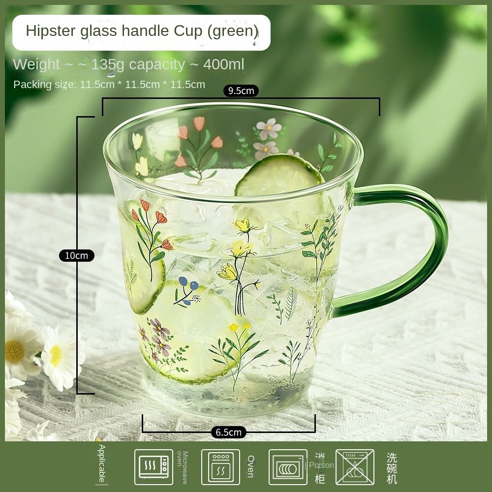 Home Office Glass Coffee Cup with Handle Microwave Safe Large Capacity Flower Pattern Milk Mug Dishwasher Safe view 3