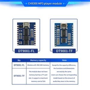 DT9001-FL USB Downloadable Sound Module 5W Amplifier MP3 Voice Player Module 10 Triggers/one Line Serial/TTL Control 4M/16M