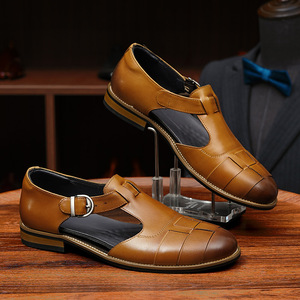 T-Strap Genuine Leather <b>Sandals</b> <b>Closed</b> <b>Toe</b> Buckle Strap Summer Casual Men's Shoes Breathable Rubber Outsole - Product Image 3