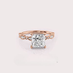 Elegante anillo de compromiso de diamante de corte princesa creado en laboratorio en oro rosa de 18 quilates - Product Image 1