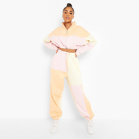 Fournisseur de vêtements, logo personnalisé, patchwork, couleurs pastel, sweat-shirt à demi-zip, ensembles de survêtements pour femmes