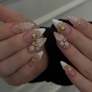 <span class=keywords><strong>Uñas</strong></span> Postizas de Verano Estilo Océano, <span class=keywords><strong>Cortas</strong></span>, Almendradas, con Flores 3D y Estrellas de Mar, <span class=keywords><strong>para</strong></span> Mujeres y Uso Diario - Product Image 1