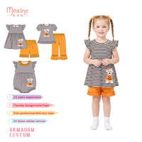 Vêtements pour filles en polyester/coton, deux pièces, imprimé intégral personnalisé, rayures noires et blanches, broderie chien Jack-o'-lantern, vente en gros