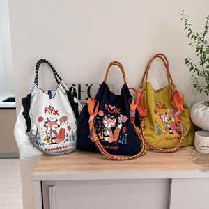 Summer Women Portable Nylon <b>Embroidery</b> Fashion Large Capacity String Closure Shoulder Shopping Bag Below 20 Litre - Product Image 2