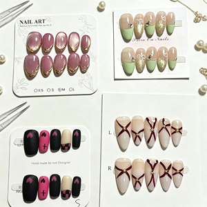 <span class=keywords><strong>Uñas</strong></span> postizas al por mayor, <span class=keywords><strong>negras</strong></span> y rosas, pintadas a mano, con efecto ojo de gato verde y dorado, estilo francés, <span class=keywords><strong>cortas</strong></span>, almendradas, con acabado brillante y <span class=keywords><strong>mate</strong></span>, cobertura completa - Product Image 2