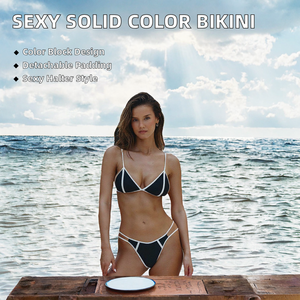 Conjunto de bikini de corte alto para mujer, estilo halter triangular, con bloques de color, sin costuras, de 2 piezas, con cinturón frontal y estampado personalizado. - Product Image 2