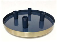 Plateau rond en métal pour bougies avec 4 coupelles à bougies, plateau bleu foncé et bord doré, candélabre décoratif pour table