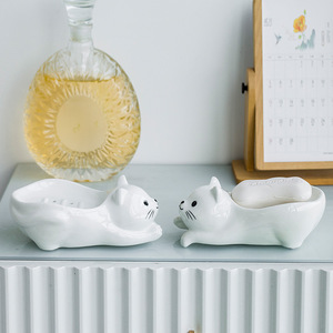 Ceramic Cat Soap Dish White Pottery Self Drain Design For Home Office Use - Product Image 4