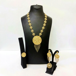 Ensemble de bijoux de mariage pour femmes avec motif de fleurs dorées, collier, boucles d'oreilles, bracelet, bague, plaqué or 24 carats, laiton, imitation perle, cadeau - Product Image 1