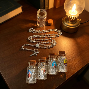 Mini collier chapelet de perles en bouteille de verre, fausses perles blanches, pour cérémonie religieuse, unisexe, style artistique rétro - Product Image 1