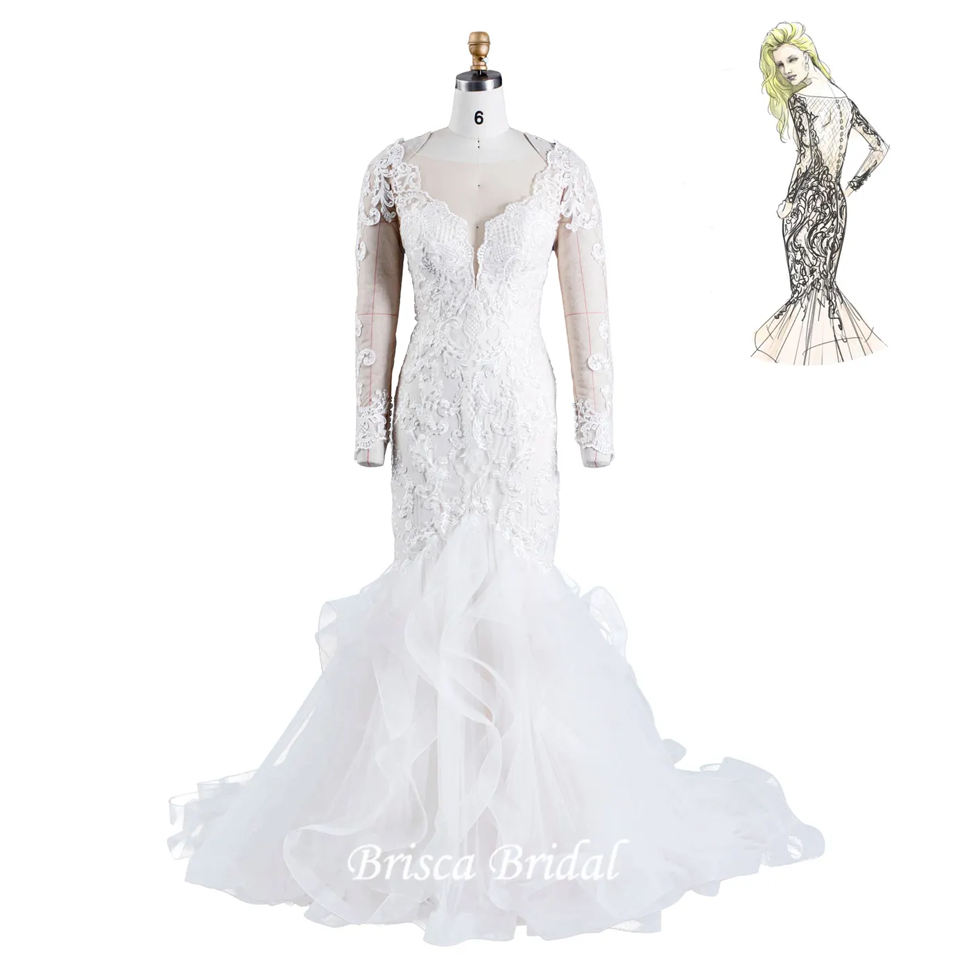 202 Ruffles Mermaid Illusion Vestido De Novia Long Sleeve Bridal Wedding Dress