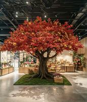 Grand arbre artificiel d'intérieur en fibre de verre avec feuillage rouge, plante écologique