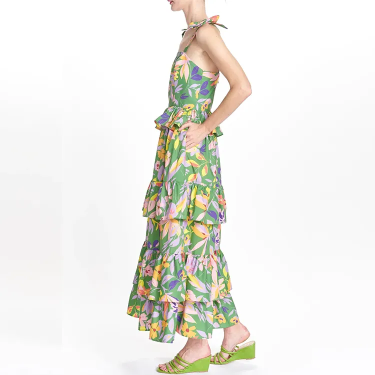 Neuheiten Sommer Sling Beach Maxi kleid Kammgarn Allover Print Kleid Benutzer definierte Blumen Rüschen Frühling Herbst Frauen Kleid