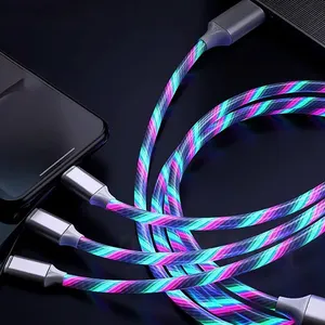 3合1发光二极管电缆快速充电适用于三星的苹果手机微型USB C型充电电缆