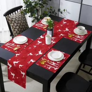 مفرش طاولة عيد الميلاد, طقم طاولة طعام منقوش باللون الأحمر يصلح كديكور في حفلة العام الجديد