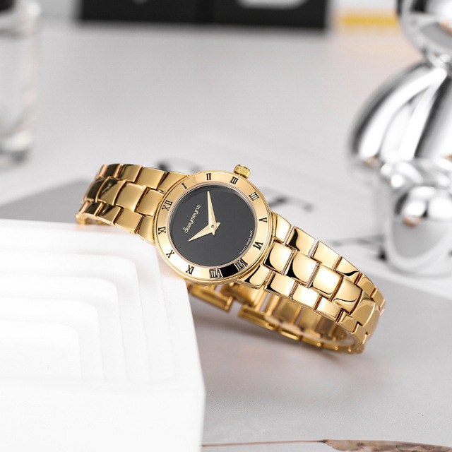 Luxury Gold Tone Women's Quartz Watch, Stainless Steel Band, Roman Numeral Dial, Elegant Dress Wristwatch for Ladies