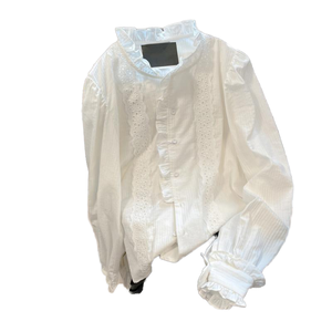 Blusa de Mujer Blanca con Cuello con Volantes, Bordada, Hombros Caídos, Borlas, Color Sólido, Corte Regular, Estilo Retro, Dulce, de Verano, Manga Larga - Product Image 1