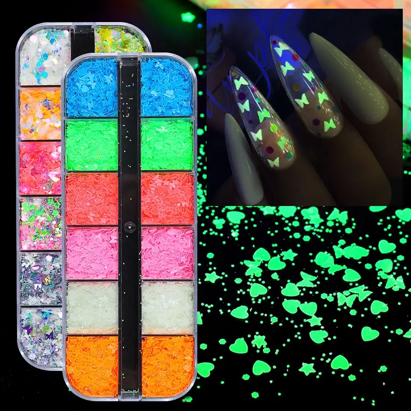 Misscheering Nail Art 12 grids Luminous Butterfly Sequins Glow in Dark ultra-thin nail sequins DIY manicure decorations