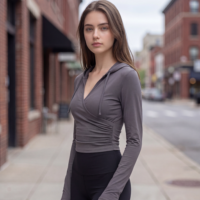 Haut de yoga pour femme, style vintage français, à capuche croisée, froncé, coupe courte et ajustée, en tissu mat, très extensible, respirant et à séchage rapide