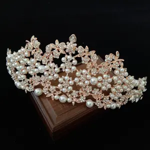 Couronne diadème de princesse Baroque avec strass perles en or Rose, accessoire de cheveux pour mariée, bandeau, couvre-chef