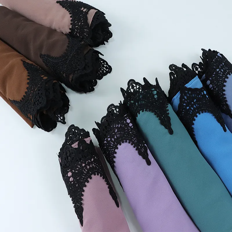 高品質ファッション無地ショールイスラム教徒女性刺繍ブラックレースエッジコットンシフォンキマーヒジャーブスカーフ