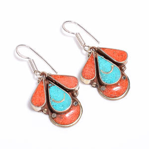 Pendientes de piedras preciosas de lapislázuli turquesa, zona en línea, hechos a mano, Plata tibetana - Product Image 1