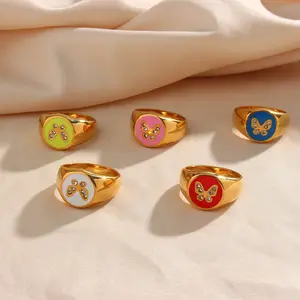 Vintage Round Flat Top Enamel Finger Rings 18K Gold Plated Stainless Steel Zircon Inlay Colorful Oil Drip Butterfly Rings