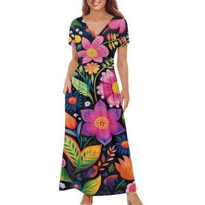 Vestido feminino de manga curta com decote em V retrô floral estampado maxi casual, com gravata na cintura, confortável e fluido, vestido longo - Product Image 1