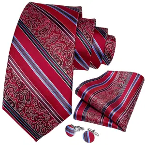 Premium Classic Red Striped Paisley Necktie Silk Men Ties Supplier Neckties Set With Pocket Square