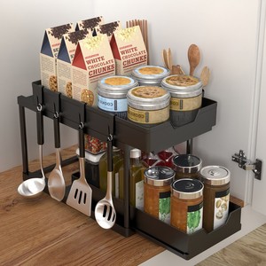 Étagères de rangement pour la maison, le salon et la cuisine sous l'évier Organisateur d'armoire Porte-épices coulissant en plastique à 2 niveaux - Product Image 4