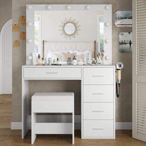 Tocador de MDF con Espejo e Iluminación, <span class=keywords><strong>Mesa</strong></span> de <span class=keywords><strong>Maquillaje</strong></span> <span class=keywords><strong>Profesional</strong></span>, Tocador para Salón de Belleza y Uñas - Product Image 2