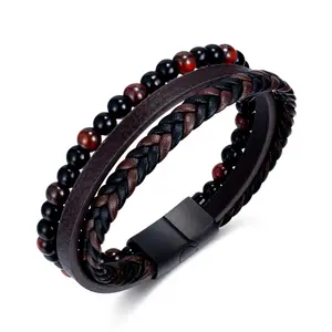 Bracelet pour hommes tissé en cuir multicouche de personnalité simple bracelet en cuir de pierre d'oeil de tigre pour les hommes