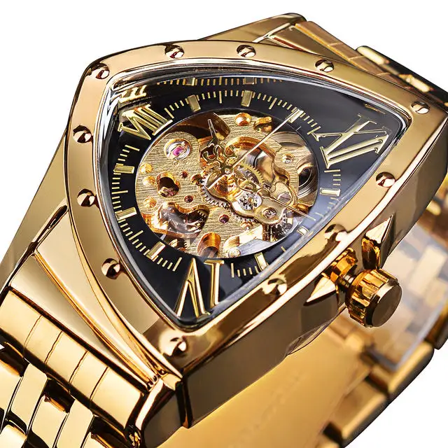 New Arrive Gold Vintage Luxury Waterproof Design Man Watch Men Wrist Triangle Wristwatches Skeleton Automatic Mechanical Watch