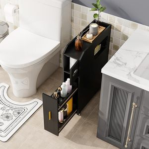 Mobiletto stretto da bagno su ruote, contenitore a incasso con porta carta igienica e porta <span class=keywords><strong>scopino</strong></span>, mobiletto laterale salvaspazio - Product Image 2