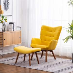 DB Leiria Contemporary Silky Velvet Tufted <b>Accent</b> <b>Chair</b> with Genuine Leather Ottoman <b>Yellow</b> for Home Office - Product Image 4
